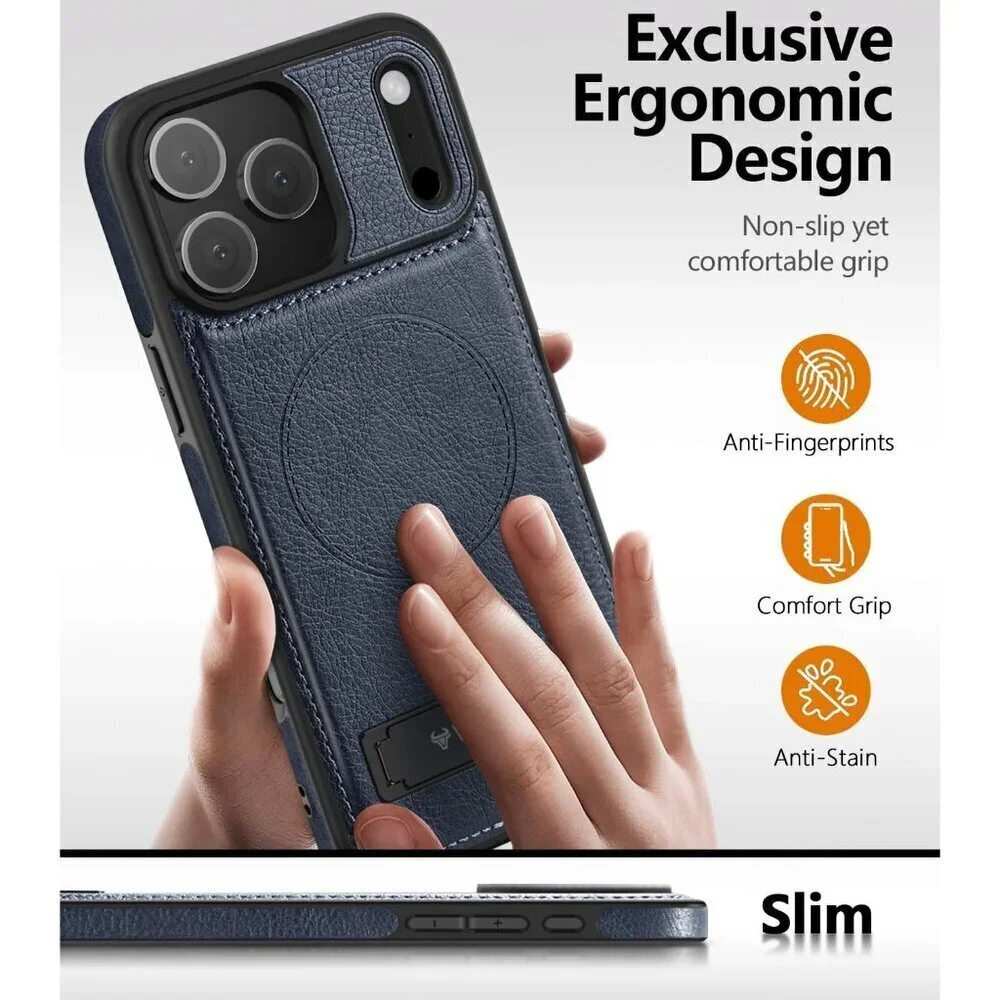 Blue Iphone 17 Pro Max Invisible Stand Protective Slim Kickstand Leather Case